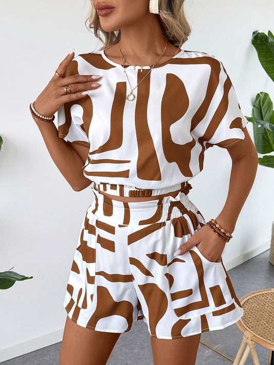 Women'S Elegant Geometric-Patterned Suit with Applique Details - White and Brown, Spring/Summer Collection, Includes a Blazer, Blouse, and Shorts, Casual Attire|Geometric Pattern|Woven Fabri