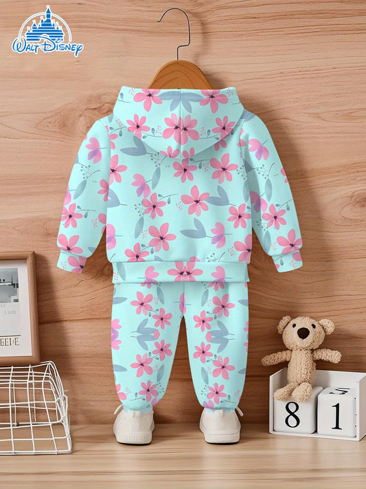 2- Piece Girls' Set with Disney Stitch Floral Cute- themed Digital Print Design, Long- sleeve Hoodie and Sweatpants Set, a Clothing Gift for Children. of Comfortable Fabric, Suitable for Autumn and Winter, Casual Sportswear S