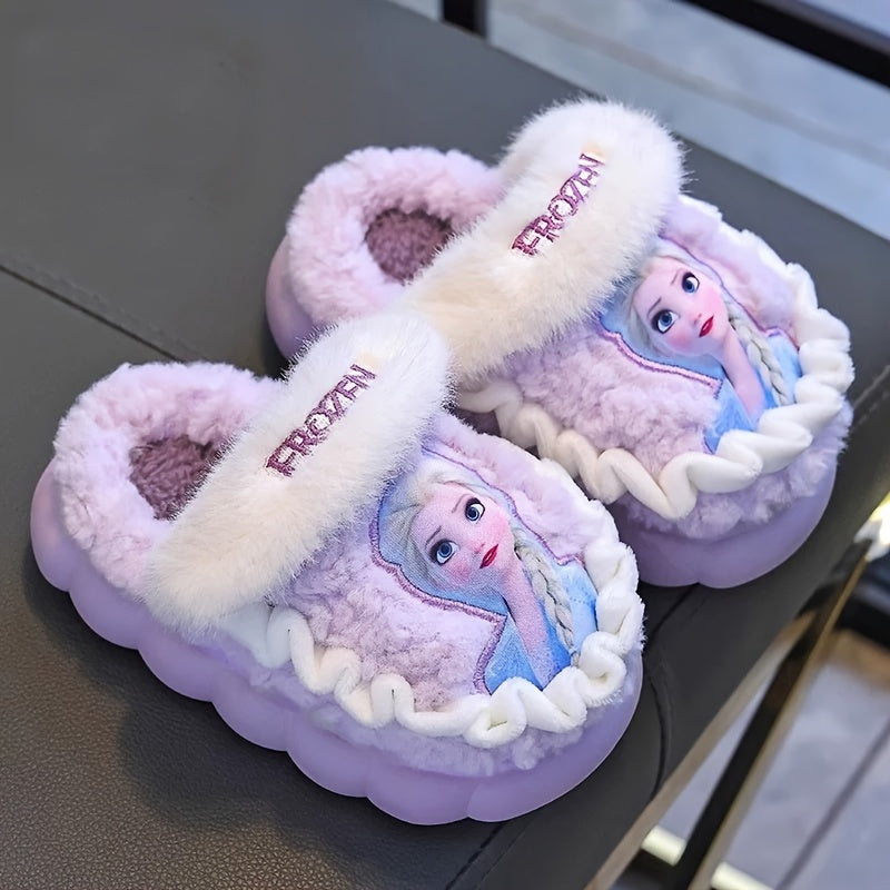 Pair of Frozen Elsa Princess Plush Slippers with Disney Elsa Design, Warm Fleece-Lined Indoor/Outdoor Shoes for Girls - New Autumn/Winter Cute Cartoon Princess Style Printed Fluffy Slippers in Sky Blue and Lilac Colors, Perfe