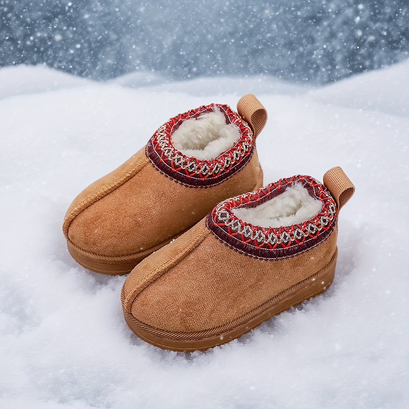 Girls' Winter Snow Boots with Plush Faux Fur Collar & Non-Slip Rubber Sole - Soft Fabric Upper, Mid-Calf Height, Round Toe Design for Outdoor Hiking, Casual Wear - Cozy Warm Slip-On Boots for Youngsters & Youngsters (Autumn/W