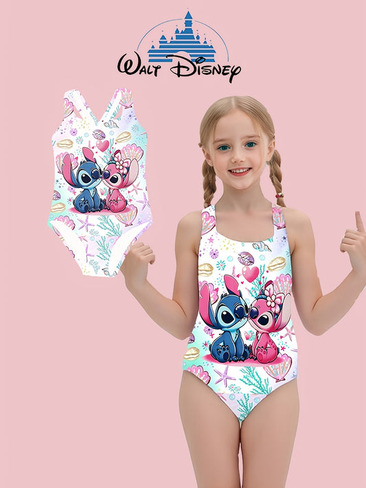 Authorized Disney Stitch Girls One-Piece Swimsuit Cute Fashion Cartoon Print Asymmetrical Hollow Design Elastic Breathable Fabric Suitable for Beach, Pool, Water Sports Hawaiian Holiday Gift Summer Swimsuit Elastic Fabric