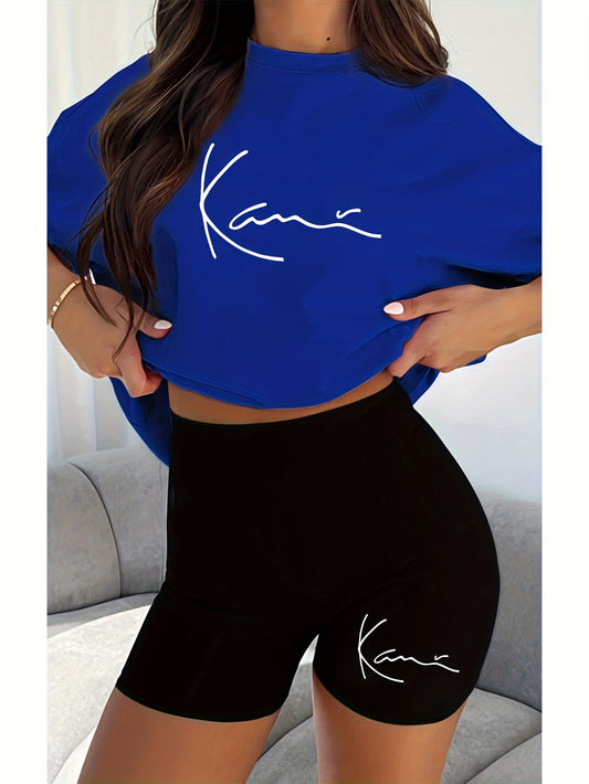 New fashionable casual creative pattern printed Women's fashion set, spring and summer new fashionable casual round neck T-shirt&sports shorts two-piece set