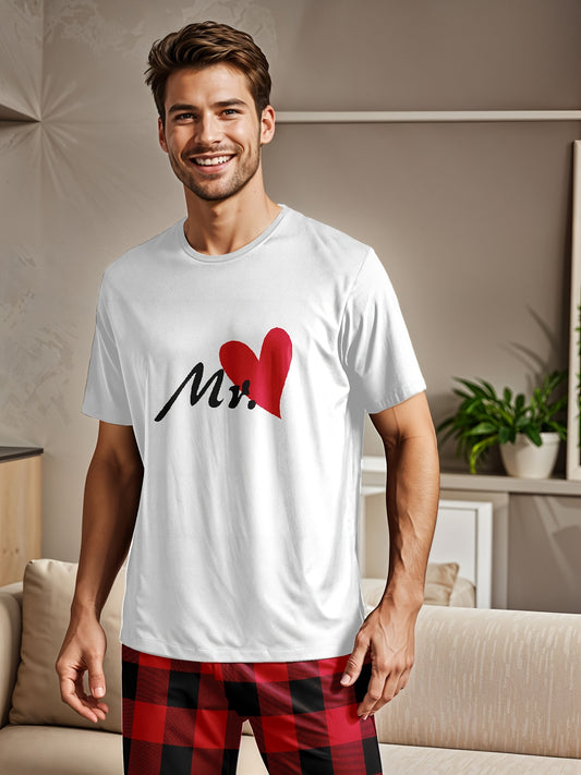 Men'S Polyester Crew Neck T-Shirt and Pants Set, Red Heart Print Tee with Red Checkered Pants, Medium Stretch Knit Fabric, Regular Fit, 97% Polyester 3% Elastane, Comfortable Home Wear