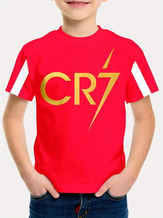 Boys' CR7 Lightning Bolt Graphic T-Shirt - Black Casual Short Sleeve Crewneck with Golden & White Stripe Design, Comfortable Summer Top for Youngsters, Youngsters's Pullover | Graphic Tee | Machine Washable, Tween Boy Clothes