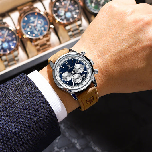 POEDAGAR Men's Luxury Chronograph Watch with Luminous Dial, High Quality 30m, Quartz Movement, Date Display & Brown Faux Leather Strap - Casual & Formal Wristwatch