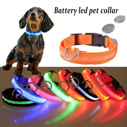 LED Glowing Pet Dog Collar, Luminous Flashing Necklace for Outdoor Walking Night Safety, Non-Rechargeable Button Battery Powered, Polyester Material