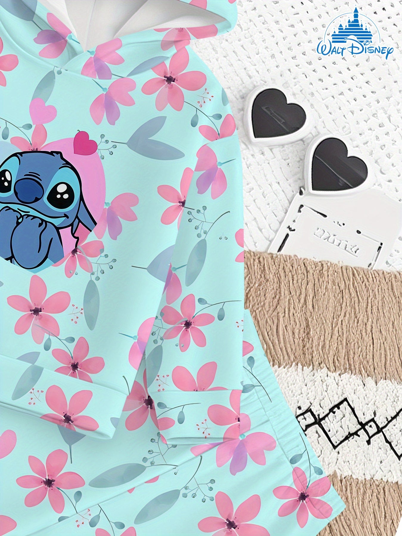 2- Piece Girls' Set with Disney Stitch Floral Cute- themed Digital Print Design, Long- sleeve Hoodie and Sweatpants Set, a Clothing Gift for Children. of Comfortable Fabric, Suitable for Autumn and Winter, Casual Sportswear S