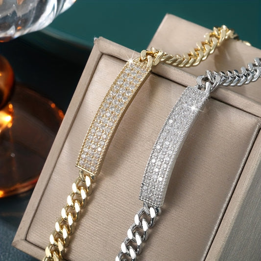 1pc Elegant Men'S Bracelet, 14K Gold Plated Copper Chain with Full Pave Synthetic Cubic Zirconia, No Magnet, Jewelry Gift