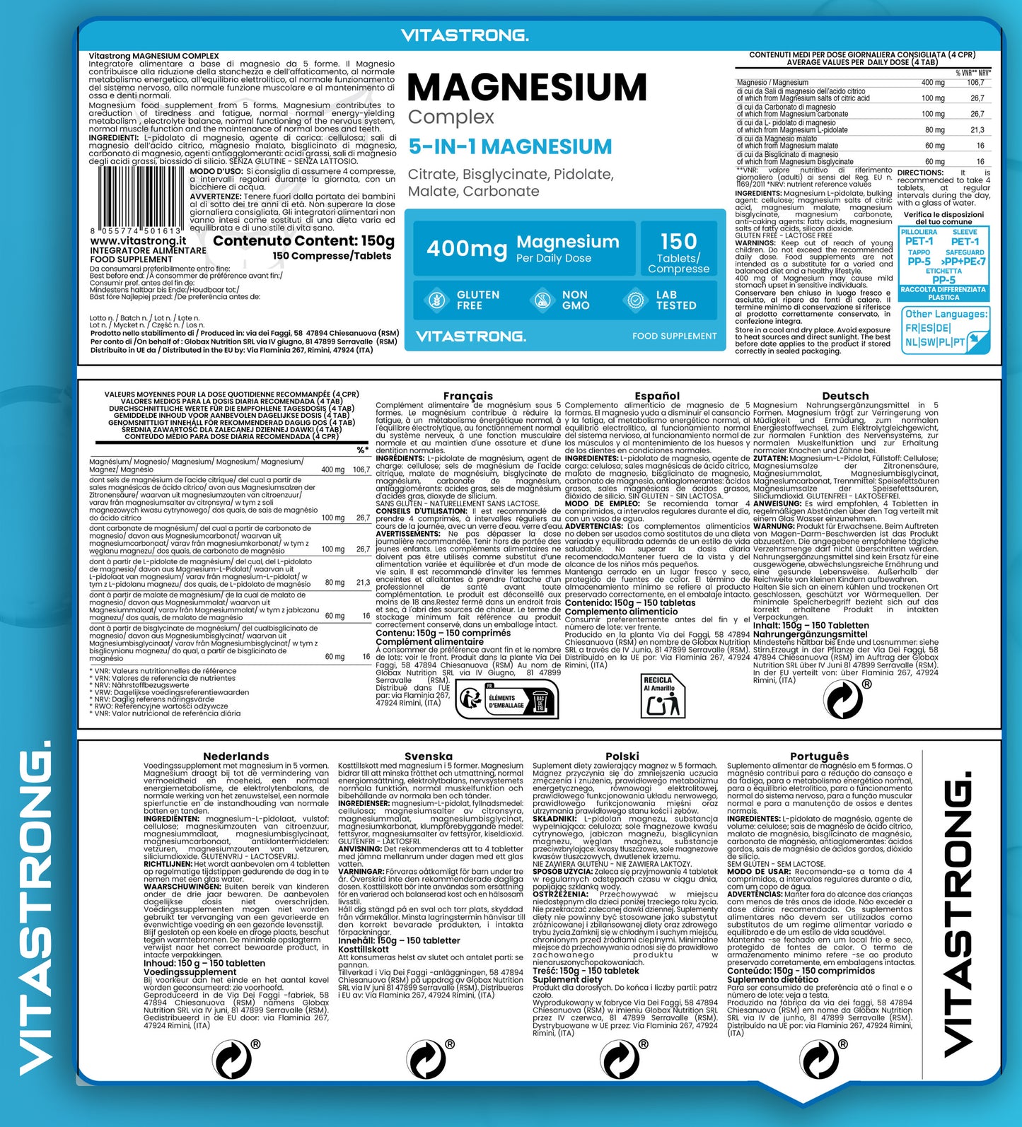 Magnesium Complex 5-In-1, 400Mg Per Serving, 5 Magnesium Sources: Bisglycinate (Magnesium Glycinate), Magnesium Citrate, Malate, Pidolate, Carbonate, 150 Tablets, Pure Magnesium Premium Quality Vitastrong