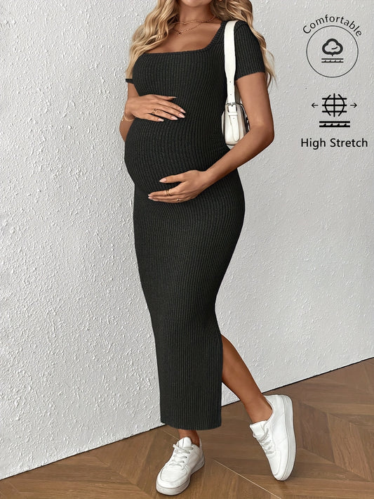Maternity Bodycon Dress - Square Neck Short Sleeve Ruched Hem Stretchy Knit Pregnancy Dress for Women, Breathable Summer Casual Wear, Machine Washable Solid Color Regular Fit, Maternity Dresses, Comfortable Pregnancy Outfit,