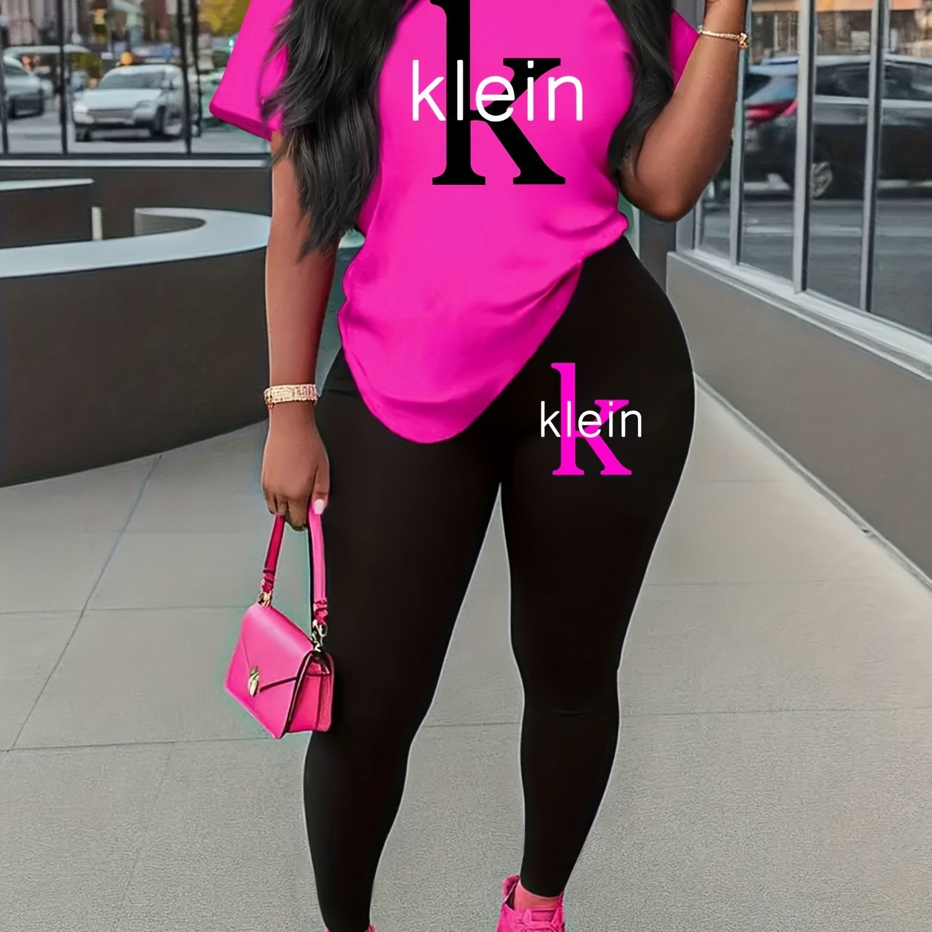 Women'S "Klein" Print Short Sleeve T-Shirt & Black Pants Two-Piece Set - Casual, Stretchy Fabric, Pink & Black Design, Spring/Summer Casual Wear, Casual Attire|Graphic Tee|Stretchy