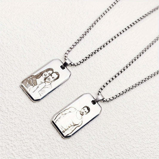 Customized Item: A Men's Square Pendant Necklace That Can Be Engraved With A Picture, Personalized Custom Engraving Of Characters/logos/patterns On The Necklace, A Cute And Simple Accessory For Daily Wear, Suitable For Both M