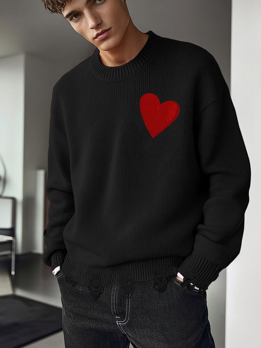 Cozy Men'S Red Heart Knit Sweater - Warm, Comfortable Loose Fit Pullover for Fall/Winter, Casual Crew Neck, Medium Stretch, Viscose Material