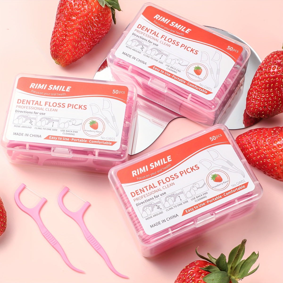 50/150pcs Strawberry Flavor Dental Floss Sticks, Small and Convenient, Polyethylene (PE), Alcohol Free, for Personal Intercalary Cleaning