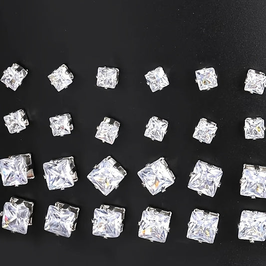 12-Pair Set Elegant Square Cubic Zirconia Stud Earrings for Men, Fashion Simple Iron Non-Plated Stainless Steel Post Ear Studs, Hypoallergenic Casual Daily Jewelry Gift