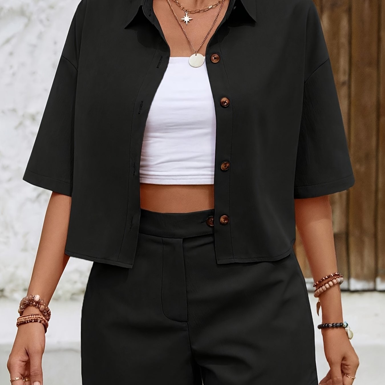 Stylish Versatile Short Sleeve Shirt + High-Waist Shorts Set 009