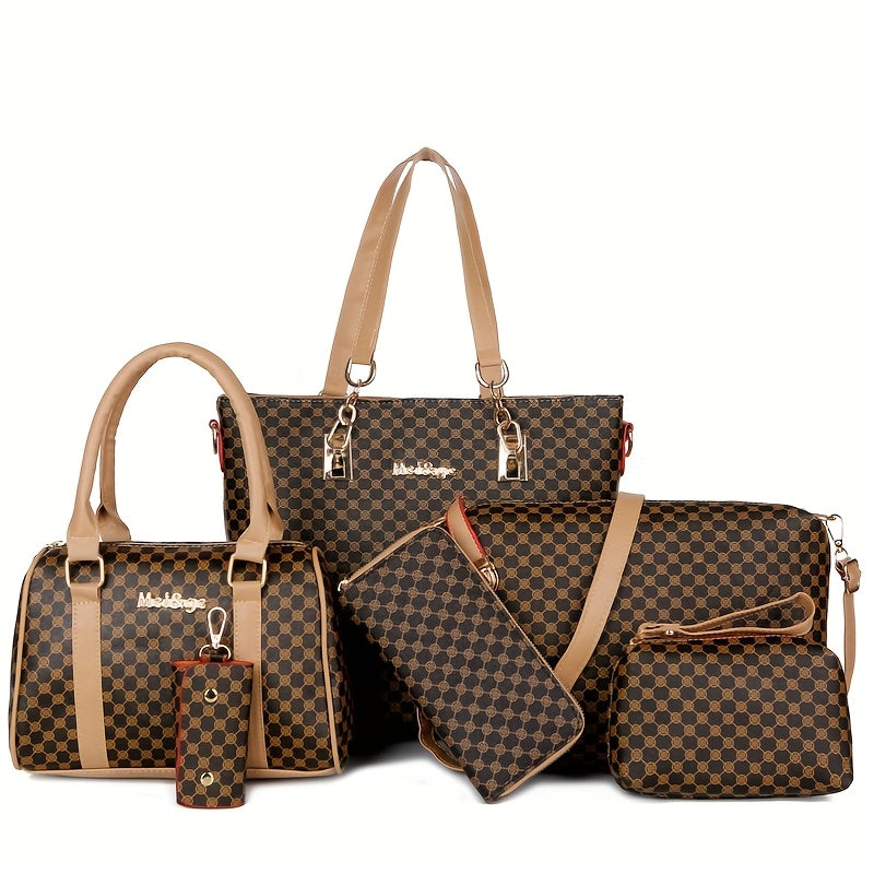Fashion 6pcs Women's handbag set, geometric pattern, urban theme, zipper closure, polyester lining, edge paint.
