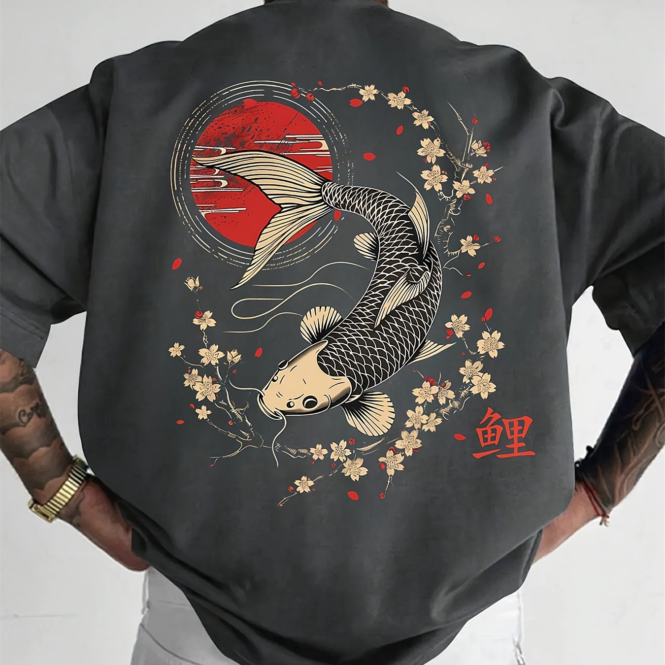 Men's 100% Cotton Retro T-Shirt - Navy Blue Short Sleeve Casual Tee with Koi Fish & Cherry Blossom Print, Regular Fit, Machine Washable, Cotton T Shirts, Summer Apparel, Breathable Fabric