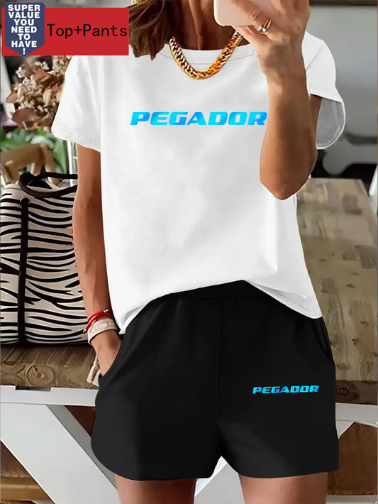1set Women'S Casual Sportswear T-Shirt & Shorts with PEGADOR Letter Print - Crew Neck, Medium Stretch, All-Season Comfort, S-XXL Sizes, Multi-Color Options, Comfortable Leisurewear | Trendy Casual Style | Comfortable Fit