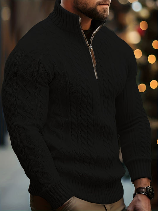 Men's Sweater, Half-High Collar Zip-Up Cable Knit Pullover with Adjustable Neckline, Classic Cable Weave Design, Minimalist and Versatile for Casual Wear, Mature and Stylish Look, Perfect for Autumn and Winter Seasons, Combin
