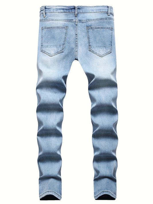 Men'S Slim-Fit Distressed Denim Jeans - Trendy Ripped Knee-Length Casual Pants, Light Blue Raw Wash, Comfortable Stretch Fabric for All-Season Wear, Everyday Fashion, Fashionforward Design, Durable Fabric Construction