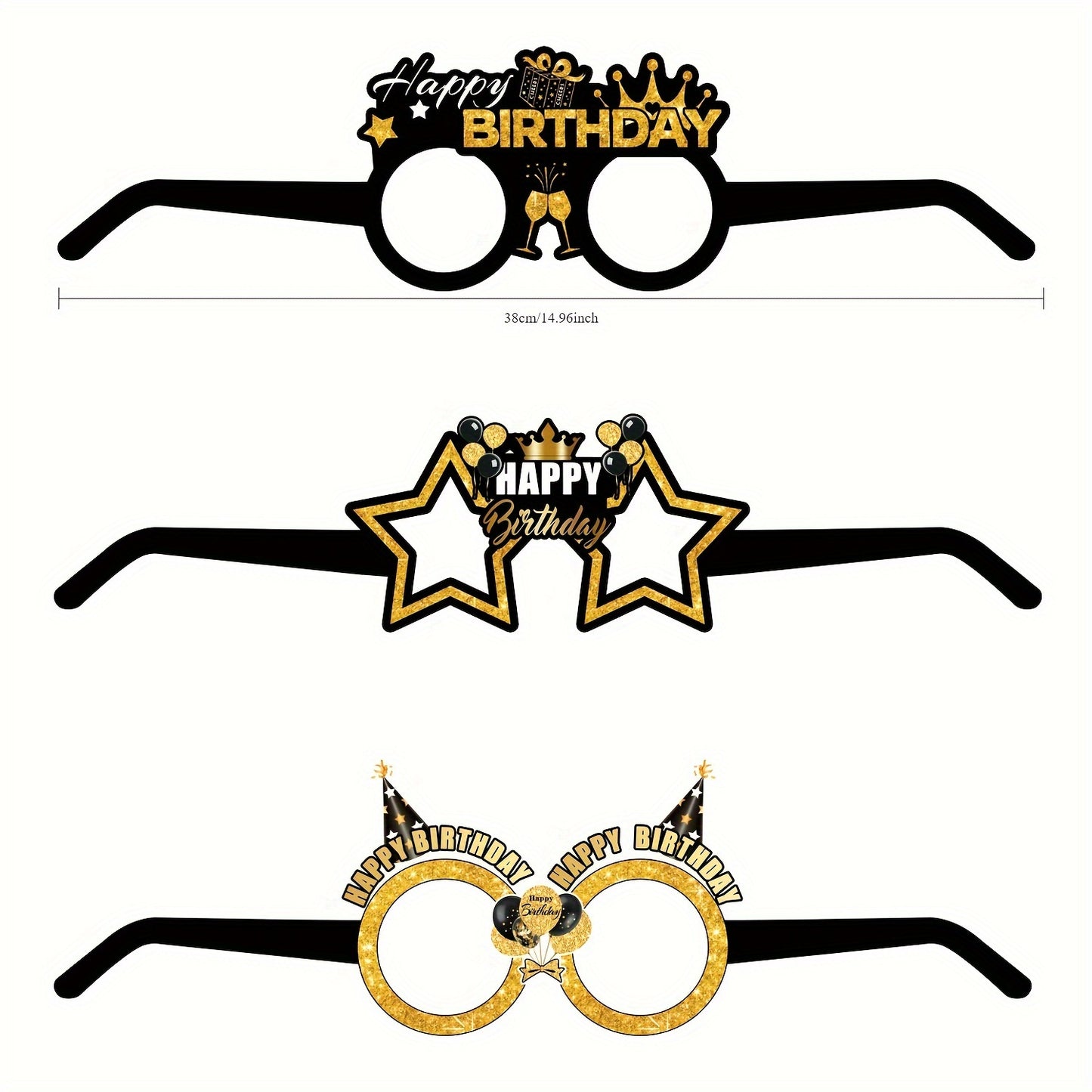 6pcs Happy Birthday Glasses - Golden & Black Novelty Eyewear Party Photo Props with Crown & Balloons Design, Perfect for Birthday Celebrations & Photo Booths, Birthday Accessories | Celebratory Eyewear | Durable Paper Props,