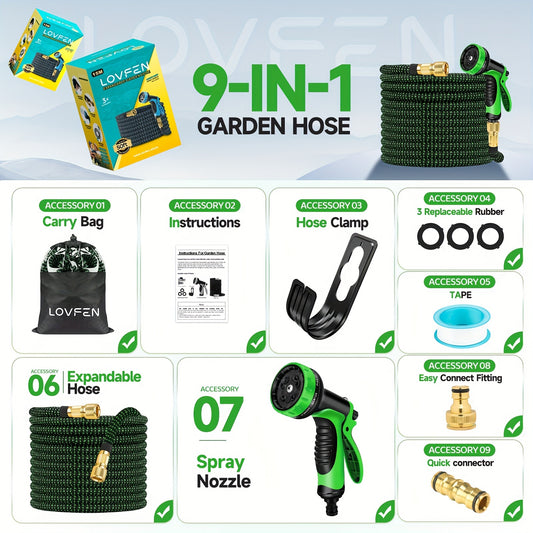 LOVFEN Expandable Garden Hose Kit Latex Flexible Water Hoses Spray Nozzle