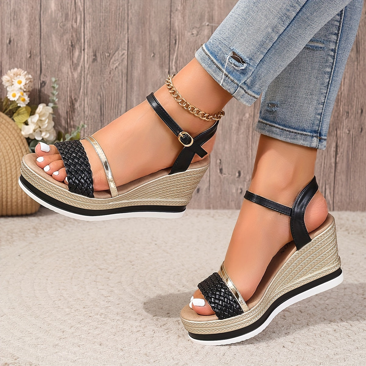 2024 New Arrival - Elegant 8.5cm High Heel Sandals with Golden & White Strap Design, Comfortable Platform Wedge for Women, Summer Fashion Footwear, Stylish Ankle Accessories | Elegant High Heel | Platform Wedge Sandals