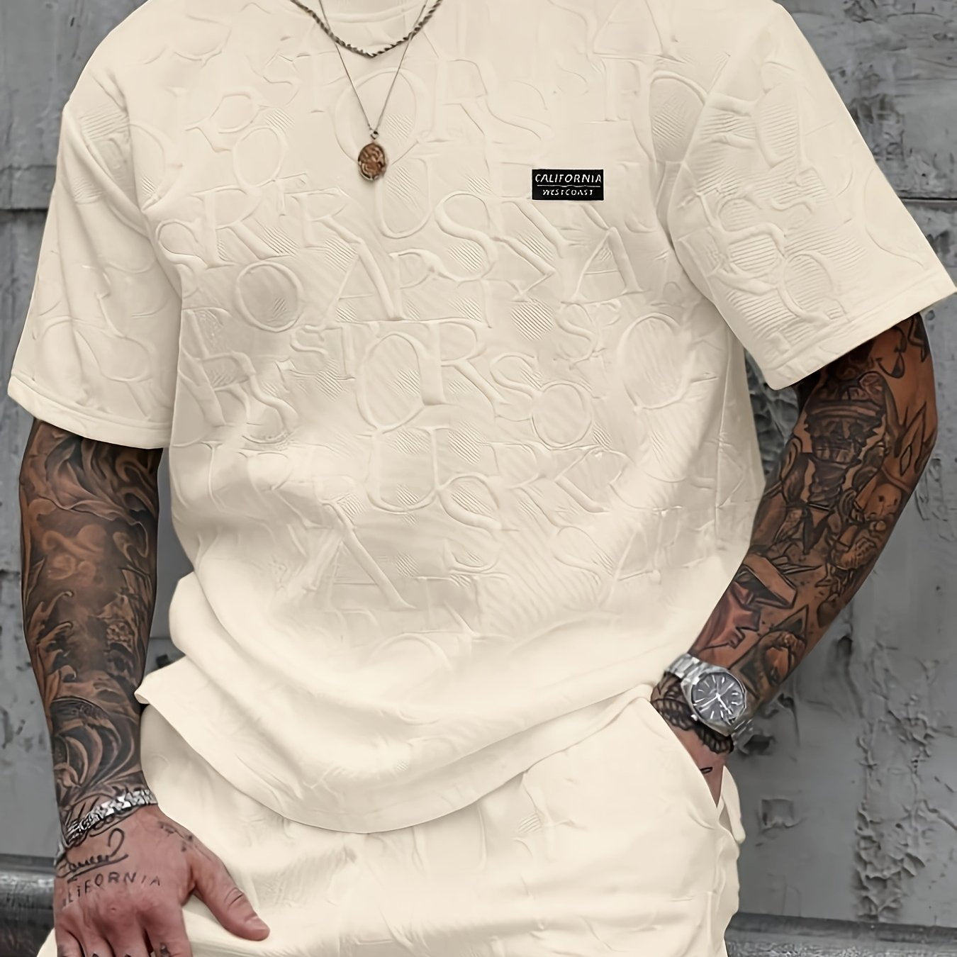 Men's Summer Casual Short Sleeve T-Shirt - Relaxed Fit Round Neck with Vertical Letter Print & Elastic Cuffs, Breathable Fabric for Daily Wear, Commuting & Outdoor Activities, Shirts for Summer