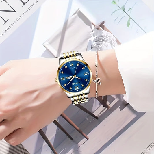 LIGE Women's Elegant Luxury Watch - Blue Dial with Roman Numerals, Quartz Movement, Battery-Powered Watch for Everyday, Formal, Travel - Perfect Gift for Valentine's, Birthdays, Anniversaries - Compatible with Formal & Casual