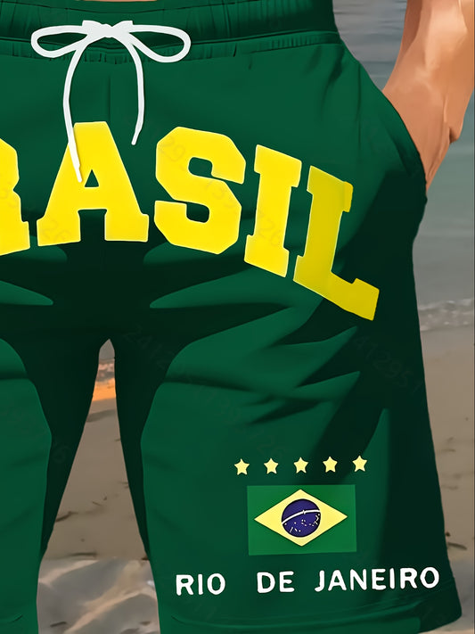 2025 New Men'S Fashion Print Beach Shorts, Brazilian Football Style Pattern 3D Print, - Casual Polyester Drawstring Waist, Lightweight and Comfortable for Summer, Casual Wear | Drawstring Shorts | Comfortable Fit Shorts for B