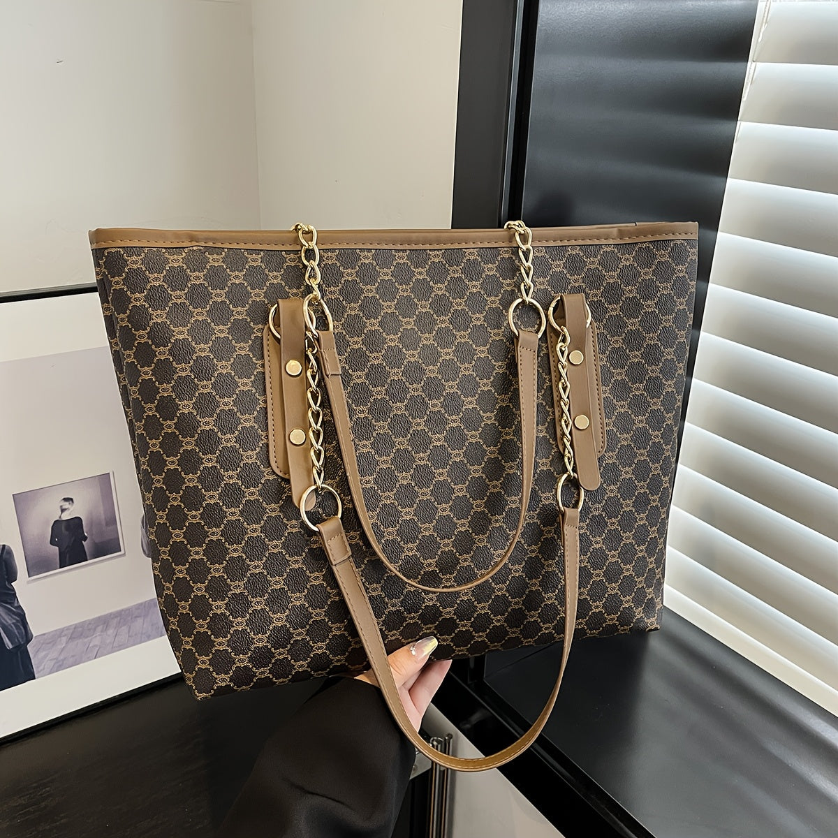Rubyn Women's Large Capacity Tote Bag - Beige/ & Brown Greek Key Logo Handbag, Versatile Shoulder Purse for Women,, Travel, Everyday Use, Everyday Bag For Women, Casual Bag For Women, Casual Style Tote Bag, Medium Size Tote B