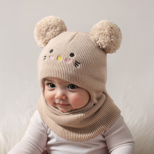 Knit Balaclava Beanie and Neck Warmer hat,cat Embroidery, Stretch Fit, Suitable for 0-3 Years Old, Daily and Casual Wear, Birthday, Holiday Party, Autumn and Winter, Christmas, Halloween