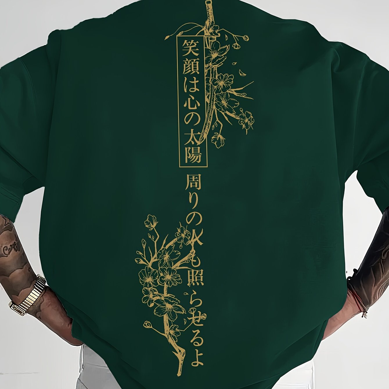 Men's Japanese Sakura Cherry Blossom & Text Print Casual T-Shirt - Black with Golden Floral Print Design, Loose Fit Round Neck, Breathable Summer Fabric, Machine Washable, Relaxed Fit Clothing, Elegant Design Shirt