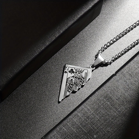 1pc Stainless Steel Half-Heart Playing Card Pendant Necklace - Punk Gothic Style Intricate Spade & Heart Design Durable Unisex Jewelry Gift for Men Women, Heart Pendant Necklace, Statement Accessory, Polished Metallic Finish