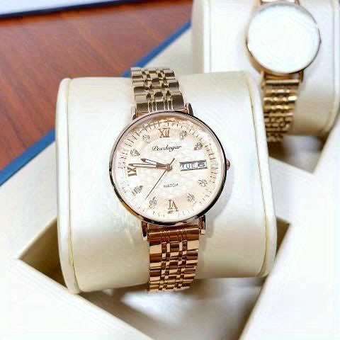 POEDAGAR Women's Fashion Casual Round Analog Quartz Wrist Watch, Luminous Hands, 3ATM Water Resistant, Alloy Case & Strap, with Calendar Feature