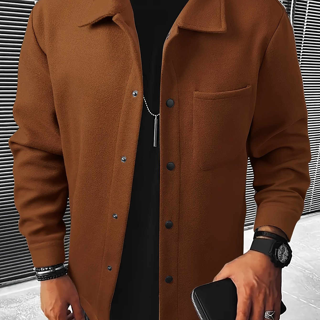 Men's Casual Button-Up Jacket with Front Pocket and Turn-Down Collar, Solid Color, PLUS SIZE