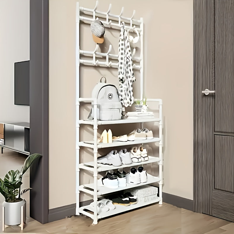 Clothes and Hat Rack, Freestanding Shoe Shelf with Sturdy Thick Metal Plastic Hooks – Space-Saving Modern Design for Shoes, Hats, and Clothes. Easy to Assemble for Living Room, Bedroom & Home Office, Hat Organizer, Home Org