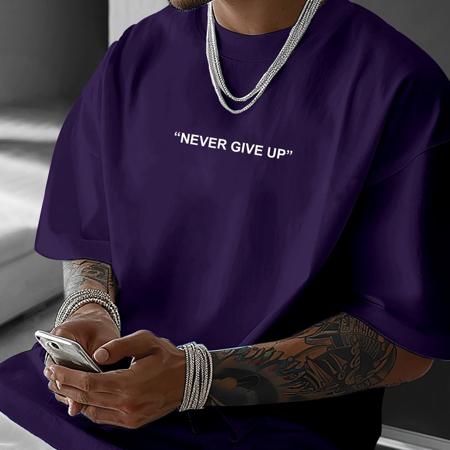 Men's "Never Give Up" Graphic Print Casual T-Shirt - Comfortable Crew Neck, Short Sleeve, Loose Fit for Spring & Summer, White Polyester Tee for Casual Attire, Casual Summer Wear | Loose Fit Top | Smooth Texture