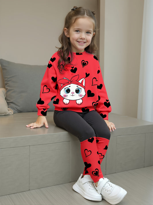 Girls' Spring/Autumn Heart Print Round Neck T-Shirt + Casual Patchwork Pants Cute Cat Pattern Two-Piece Set