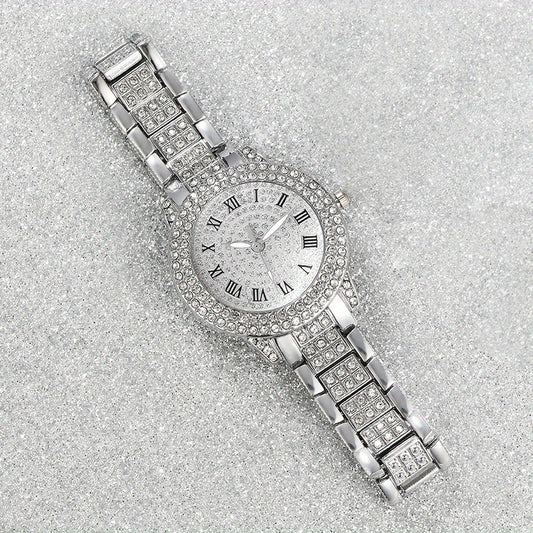 6pcs New Ladies' Gorgeous and Fashionable Silvery Quartz Watch+ New Silvery Jewelry Set Valentine'S Day, Easter, Ramadan, Wedding, Birthday Party, Christmas Horror, Halloween, Give Friends Gifts Eid Al Adha