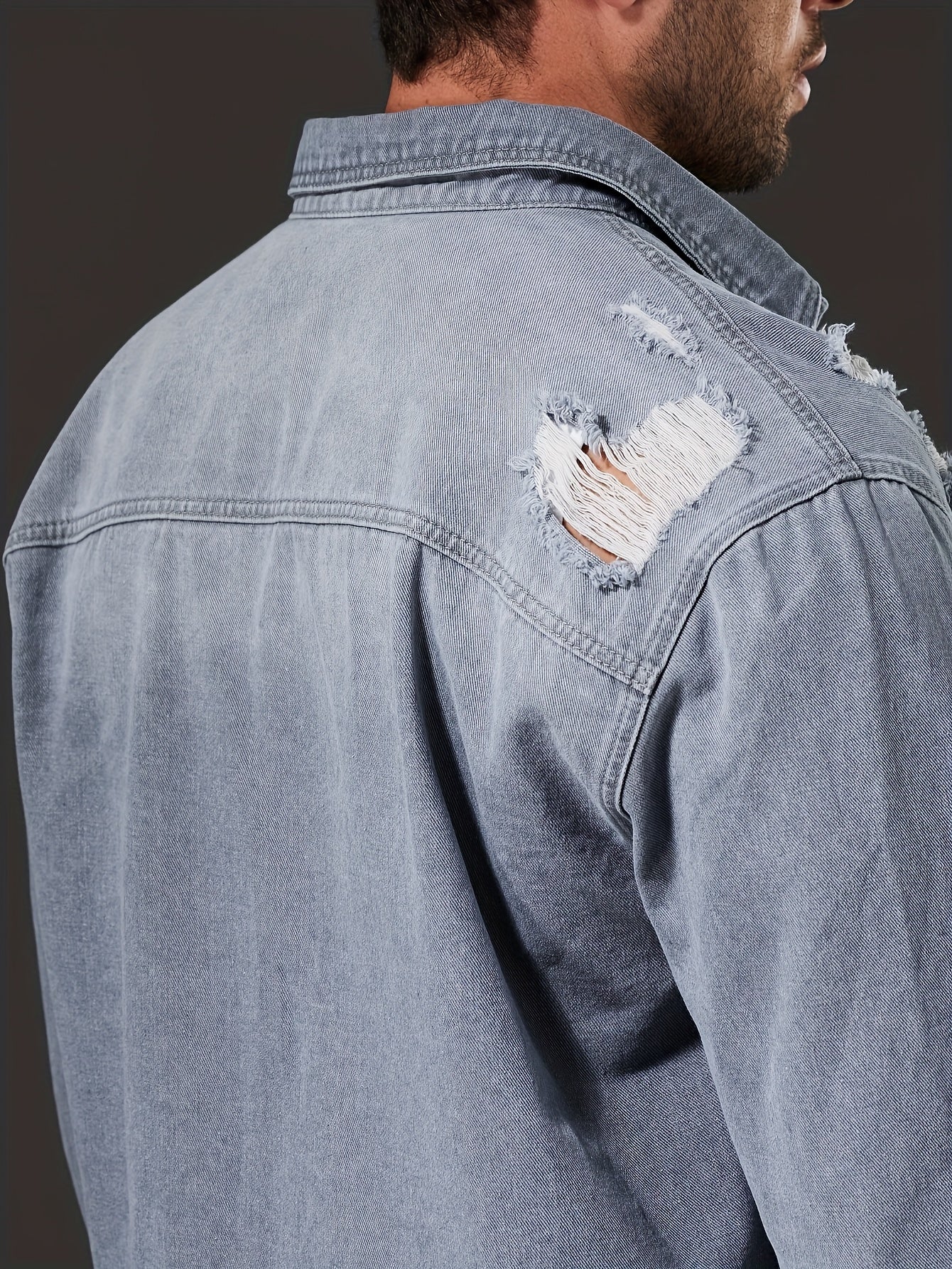 Men'S Casual Denim Shirt - Washed Distressed Blue, Button-Up with Chest Pockets, Non-Stretch Fabric, Regular Fit for Casual Attire, Casual Attire Shirt | Distressed Denim Shirt | Nonstretch Fabric, Plus Size