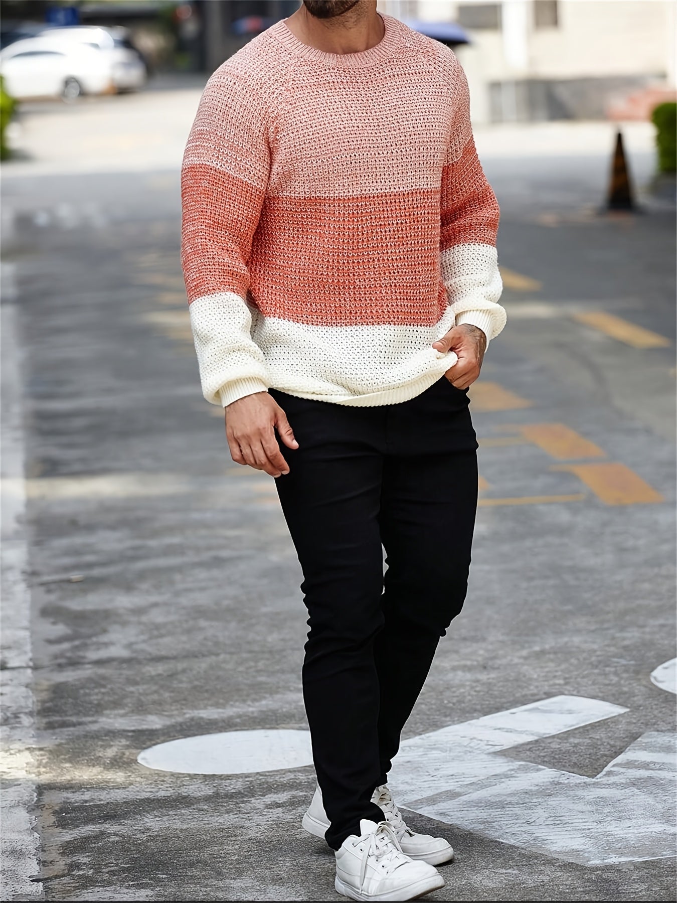 Men'S Casual Color Block Knit Pullover - Long Sleeve, Round Neck, Acrylic Fabric, Perfect for Fall/Winter Outings, School, and Casual Attir