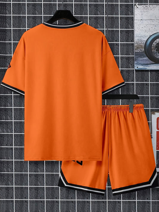 Sports Print Men's 2pcs Fashion Casual Suit, Round Neck Short Sleeve T-shirt and Waistband Shorts Set, Suitable for Spring and Summer, Men's Print Clothing