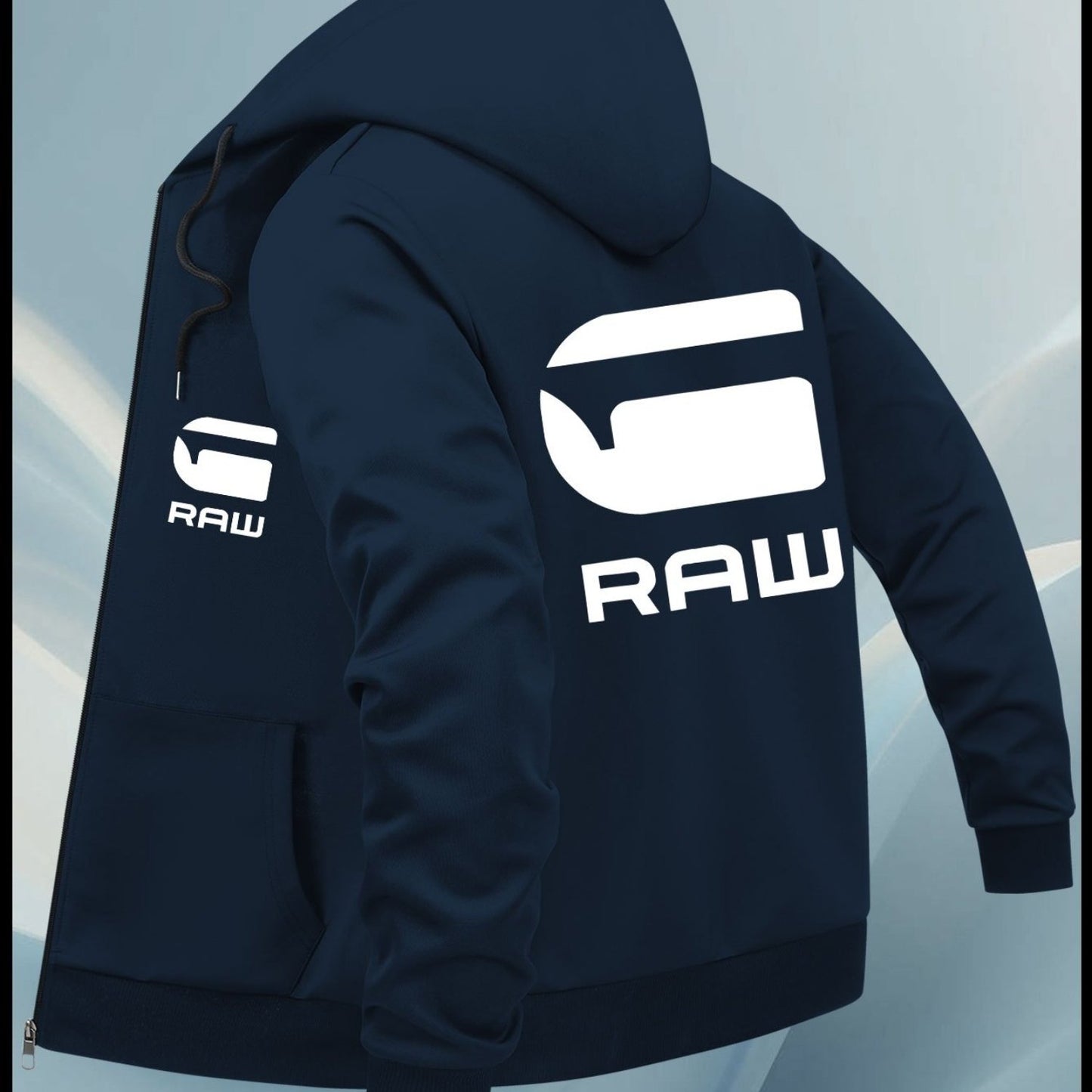 Men'S Casual Hooded Jacket with "RAW" Graphic Print - Light Gray Zip-Up Coat, Polyester Lining, Regular Fit, Front Pockets, Casual Outerwear | Trendy Casual Jacket | Polyester Lined Interior