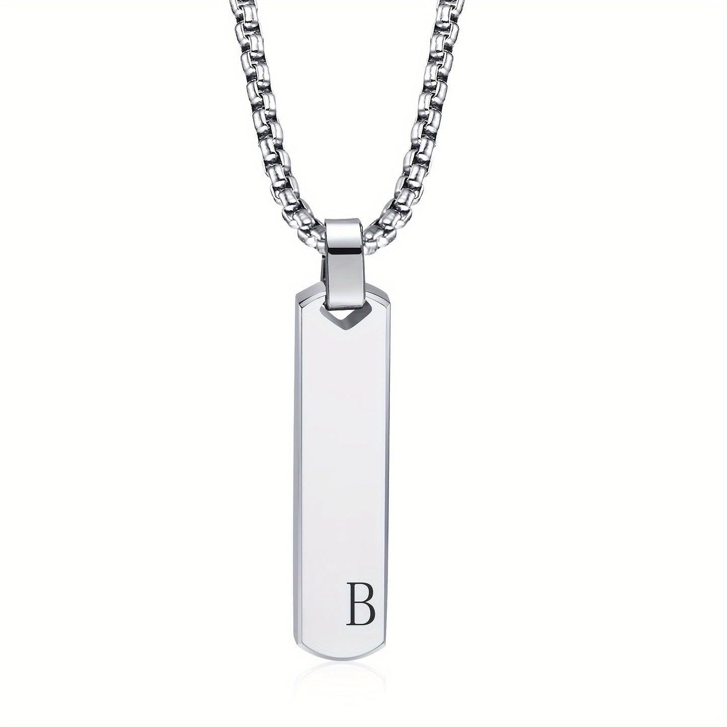Letter Necklace Pendant Made of Stainless Steel, Featuring a Laser-Etched Design of 26 Letters, Polished for a Stylish 3D Rectangular Look, Suitable for Men.