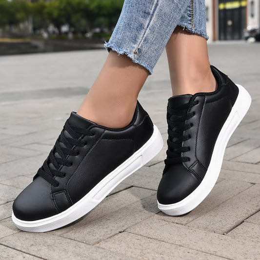 Women's Casual Fashion Lace-Up Sneakers, Black Versatile Flat Skate Shoes, Comfortable Lightweight Outdoor Running Shoes