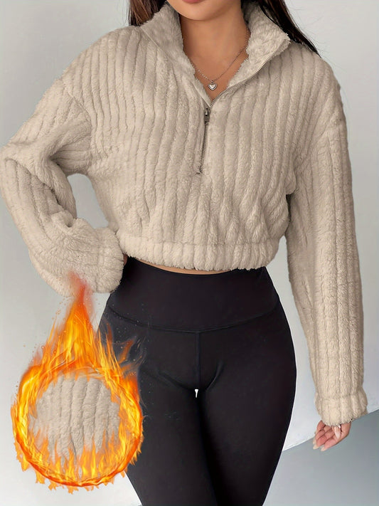 Women's Elegant Off-Shoulder Half-Zip Fleece Sweatshirt - Cozy Warm Crop Top with Ribbed Detail, Long Sleeves for Fall & Winter, Beige