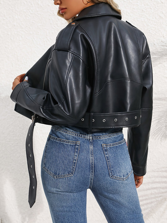 LY VAREY LIN Women's Chic Black Synthetic Leather Jacket - Casual Loose Fit with Belt Detail, Long Sleeve, Button-Up Front, Streetwear Style for Spring/Fall