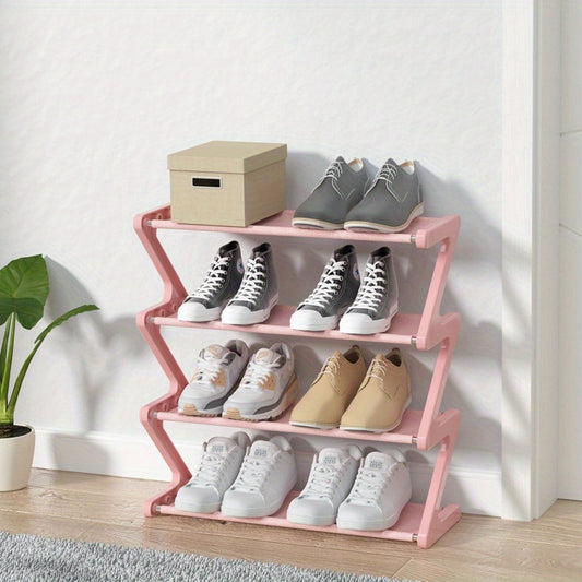 4-Tier Free Standing Shoe Rack - Z-Shaped Stackable Shoe Organizer with Metal Frame & Plastic Shelves, No-Tool Assembly, 4kg Capacity, Space-Saving Floor Mount Storage for Entryway, Living Room, Dorm - Durable Home & Dorm Roo